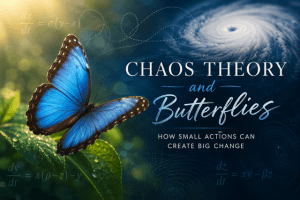Blue butterfly representing the butterfly effect and chaos theory in nature