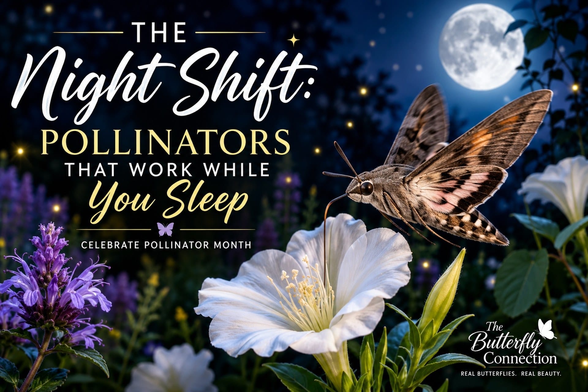Hawk moth pollinating a white moonflower at night during Pollinator Month, highlighting the importance of nocturnal pollinators.